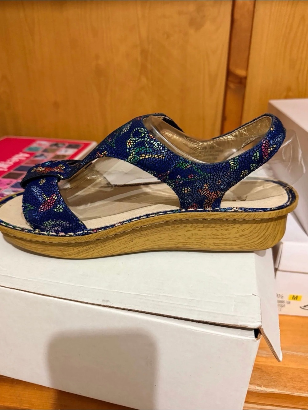 Alegria Blue Floral Wedge Sandals